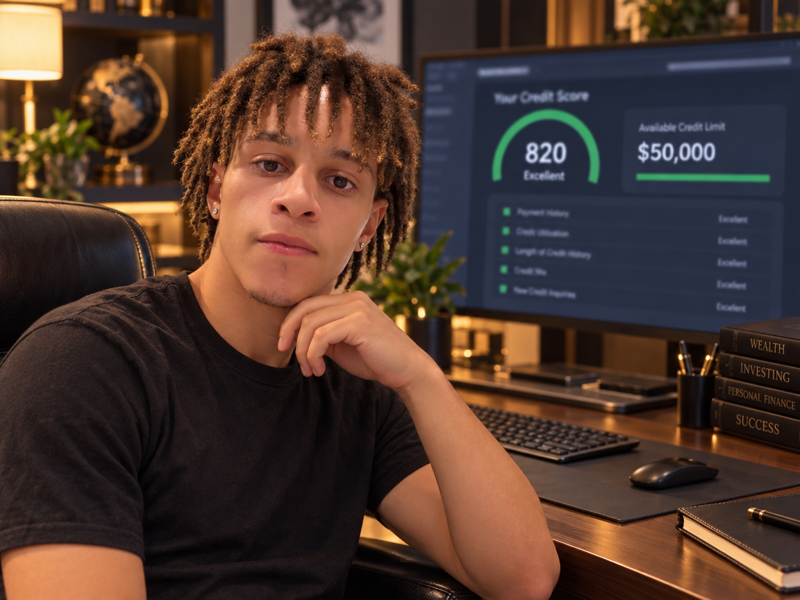 Noah at his desk with a high credit score on the monitor behind him