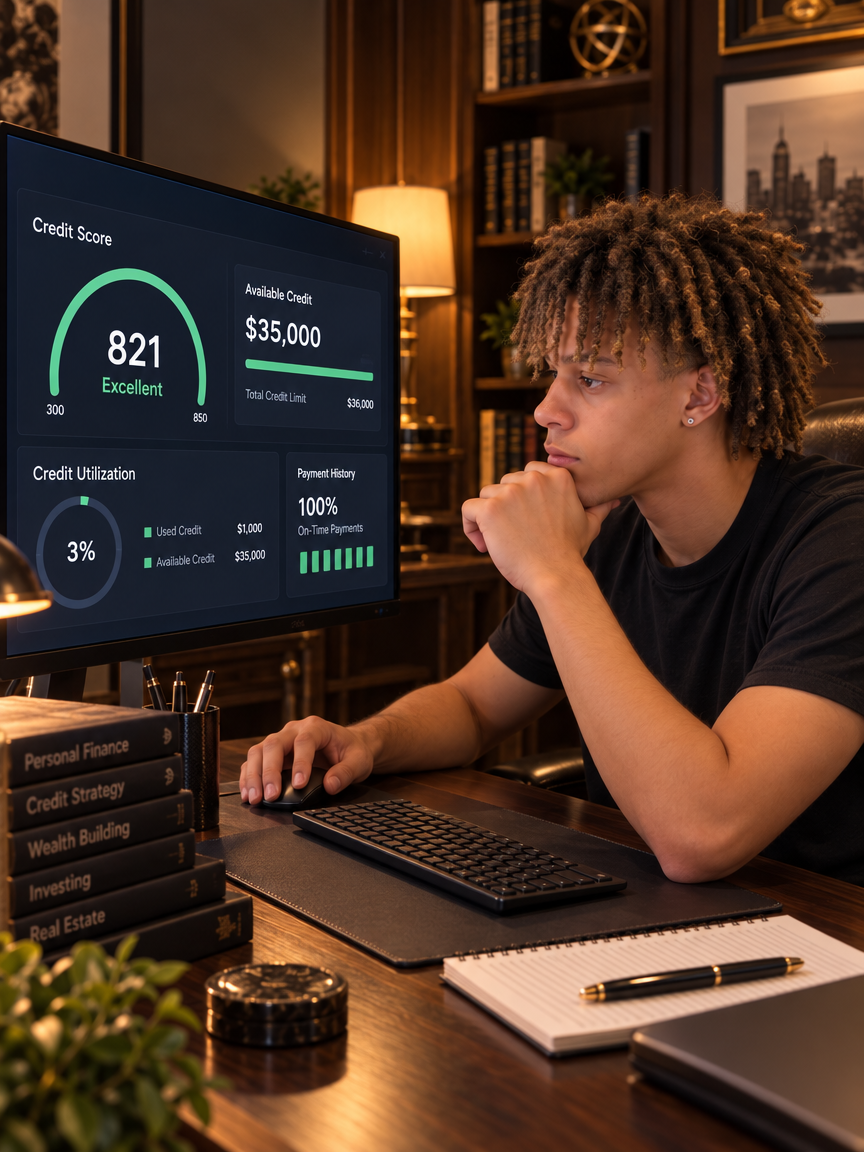 Noah studying a credit dashboard showing an 821 score and $35,000 available credit